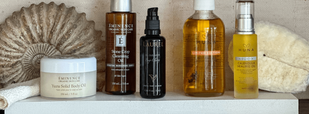 Facial Oil Cleansing, ideal for all skin types. Eminence Stone Crop, Huna Calendula Healing Oil, Laurel Deep Clairty, Huna Nectar Body Oil