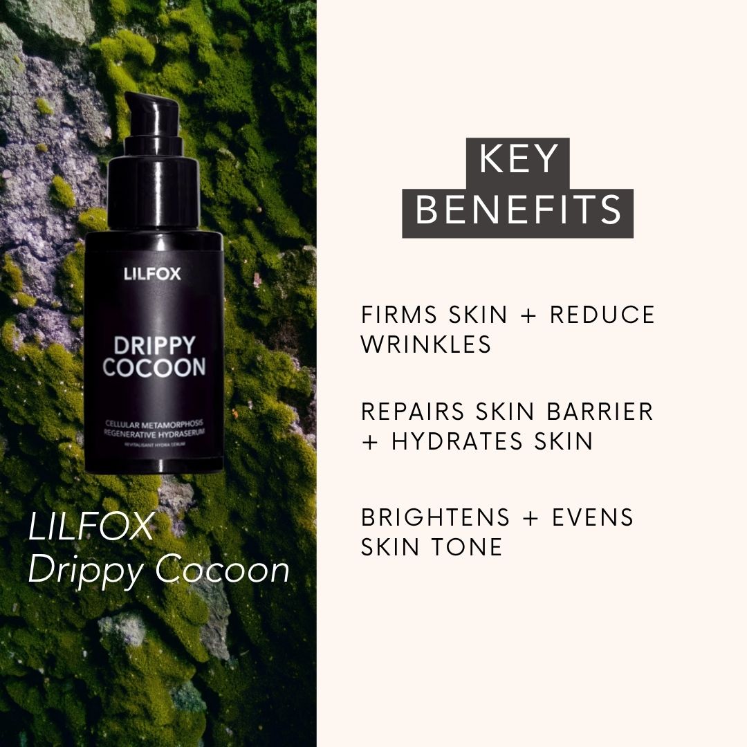 Lilfox Drippy Cocoon skincare pump bottle shown on a mossy rock background beside a beige panel with key benefits text.