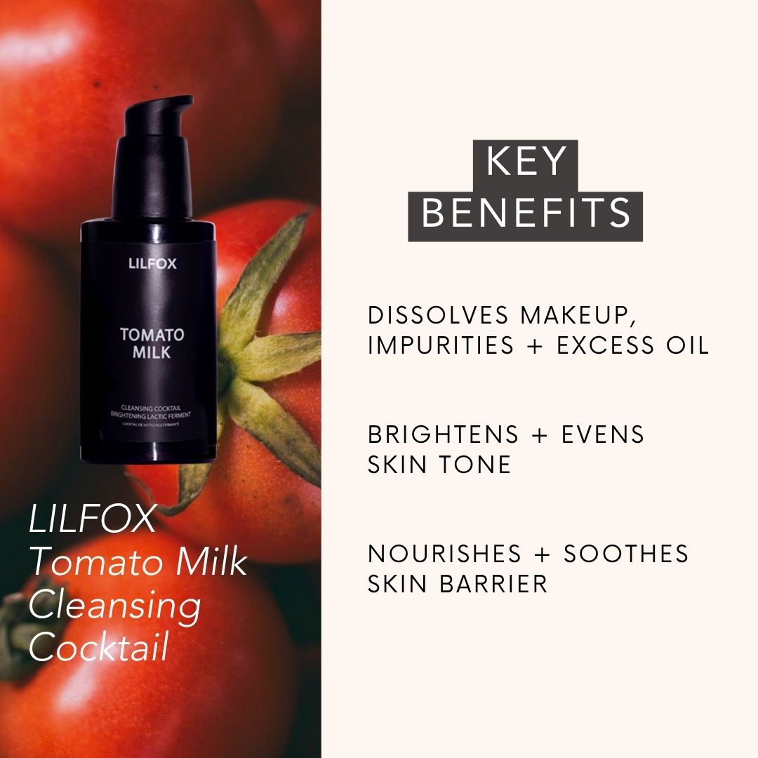 Lilfox Tomato Milk Cleansing Cocktail bottle shown against a background of fresh tomatoes, with text highlighting key benefits on the right side.